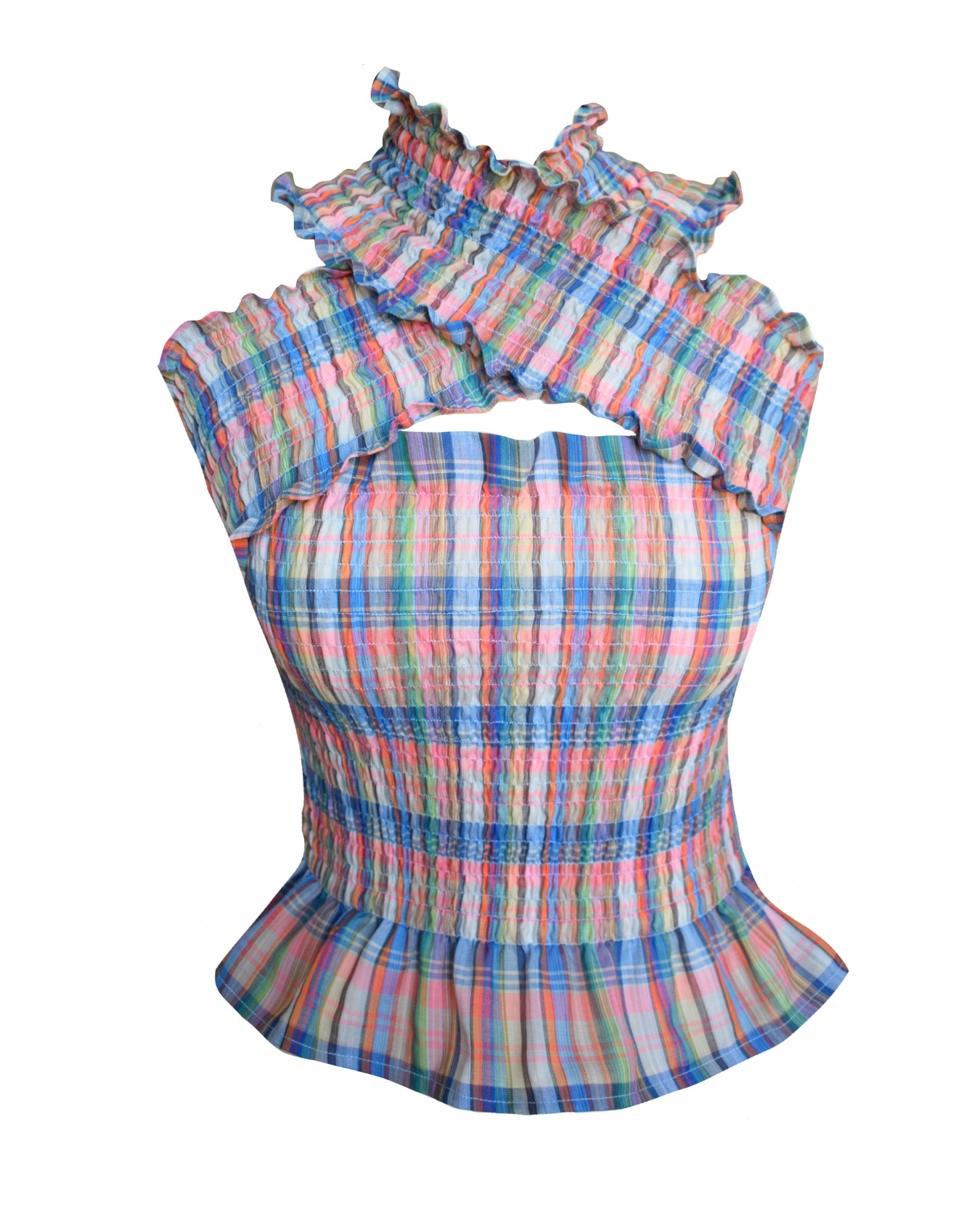Multicolored plaid top with ruffled details on a white background
