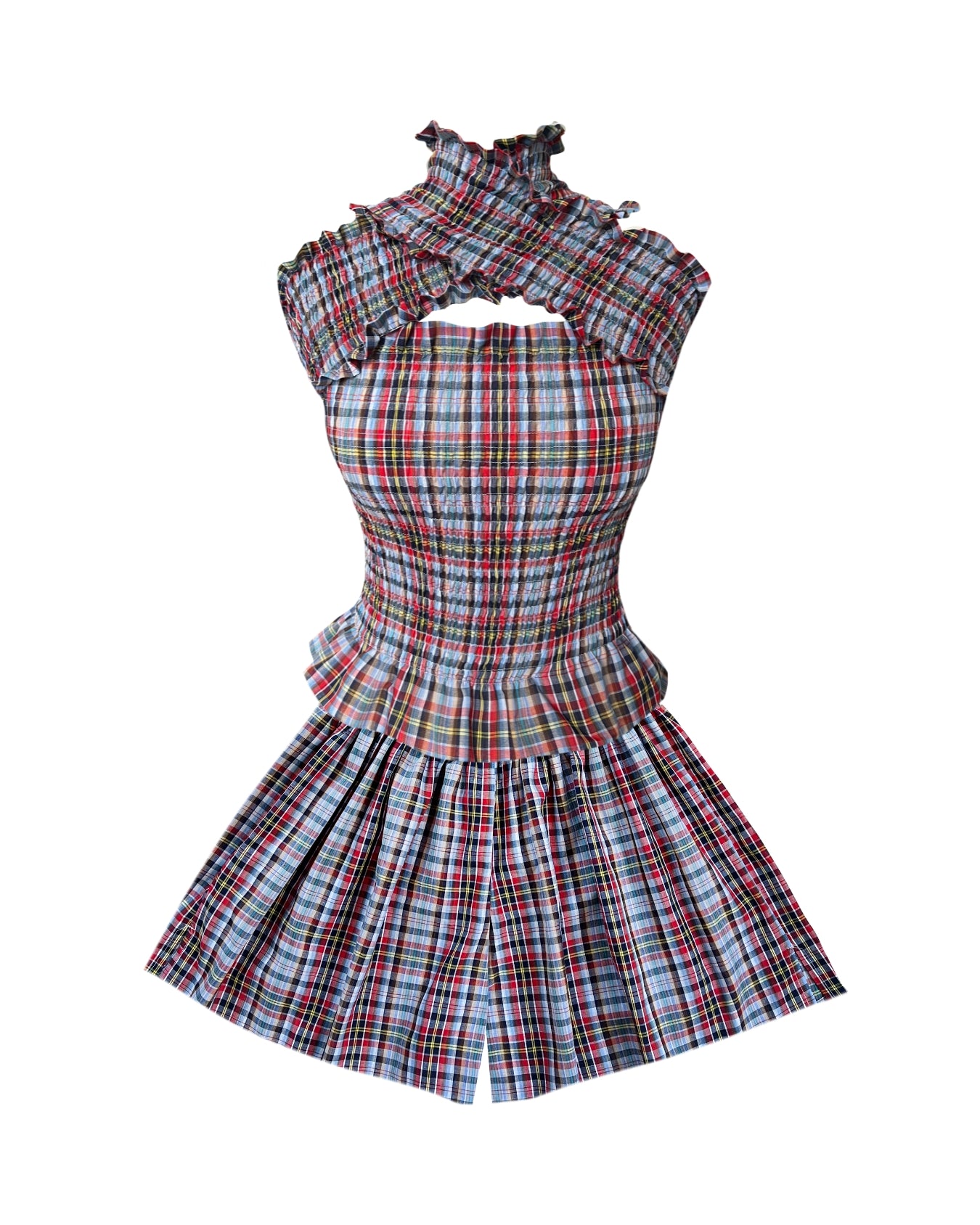 Plaid top and shorts two piece with ruffled neckline on a white background